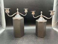 Pair of Preisner weighted sterling double arm candlesticks…..8”w x 3-1/2” tall…..584 total grams