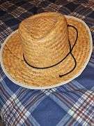 Little cowpoke leather chaps and vest in blue, natural leather color chaps, and pants with fringe and Teepee look on front, cowboy hat and drum.
