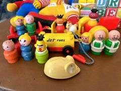 Table full of vintage toys…..Tuggy Tooter does still work, wooden puzzles, Jack-In-The-Box turns but no music nor does he pop out, wooden blocks and more