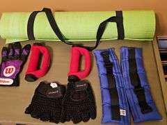 Yoga mat, hand weights, ankle weights, and gloves.