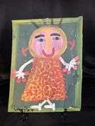 Original signed Mose T little girl in frilly dress Folk Art with signature soda can tab hanger…..9-3/4 x 12