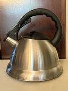 Stainless tea kettle and NEW Cuisinart white enamel tea kettle….no dents