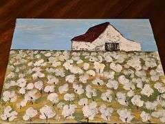 Old barn in a cotton patch. Original painting on canvas. 20x16 in.