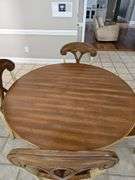 Pier 1 imports table and four chairs. Includes 18 inch leaf. Table is 47.5 x 30.5 in tall. Chairs are 18x 17.5x 39 in tall. Seat height is 18 in.