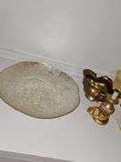 17-in shallow bowl, 8 in tall gold lamp with no shade, 11 in gold planter.