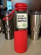 Selection of insulated drink containers and (1) glass sports bottle…..all are NEW and far right silver piece has a dent in the top and comes with carry case (see all pics as more were added) cups are by Primula