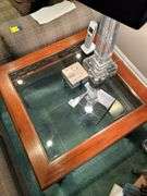 Very nice square end table with glass inlay and open die cut apron…..27” square x 22” tall