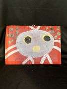 Original signed Mose T bluish/white baby Tiko bird Folk Art with signature soda can tab hanger…..13 x 9-1/4