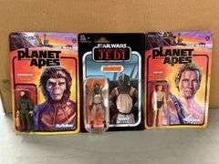 (2) Planet of the Apes action figures CORNELIUS and TAYLOR……(1) Star Wars Return of the Jedi KLAATU action figure…..blister packs are loose on 2 of them