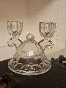 Two vintage Imperial Glass double light candlestick holder in the "Crocheted Crystal" pattern.