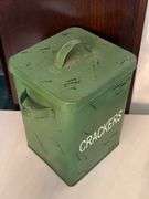 Two’s Company Rare Vintage Green Metal Kitchen Canister “Crackers” Tin…..10-1/4” tall….with original label
