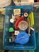 Tote full of miscellaneous household/kitchen items…..2 teal pitchers (acrylic and heavy plastic, collapsible strainer, splatter screen and more