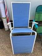 Assortment of lawn chairs, chair in a bag, beach umbrella, 36” oval vinyl roll up shade
