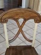 Pier 1 imports table and four chairs. Includes 18 inch leaf. Table is 47.5 x 30.5 in tall. Chairs are 18x 17.5x 39 in tall. Seat height is 18 in.