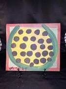 Original signed Mose T yellow meat watermelon Folk Art with signature soda can tab hanger…..10-1/2 x 9-1/4