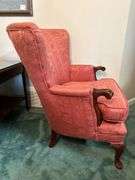 Antique coral upholstered accent chair…..29-1/4 x 20-1/2 x 18 tall to seat (34-1/2 tall overall)