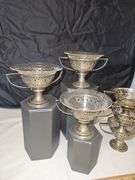 Set of six(6) vintage sterling dessert cup holders w/three etched glass cups 245.6 total grams...