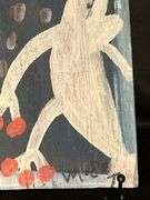Original signed Mose T white Tico bird  with reddish/orange toes Folk Art with signature soda can tab hanger…..6-3/4 x 13-3/4