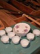 Vintage hand painted Sweet Violets snack set. 8 plates and 6 cups.