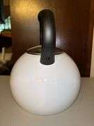 Stainless tea kettle and NEW Cuisinart white enamel tea kettle….no dents