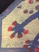 Original signed Mose T blue Tico bird/dino Folk Art with signature soda can tab hanger…..11-1/2 x 15-1/4