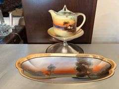 3-piece set of Noritake porcelain…..serving tray, creamer and under tray…..silverplate compote NOT INCLUDED