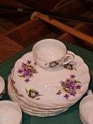 Vintage hand painted Sweet Violets snack set. 8 plates and 6 cups.