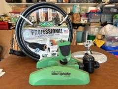 Selection of NEW 5/8” inside diameter 100’ professional grade water hose and (2) sprinklers