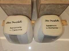 Pair of Beautiful Alex Marshall Handmade Stoneware 4" Square Bowls in Grey-White Stripe SEE DESCRIPTION FOR DETAILS...