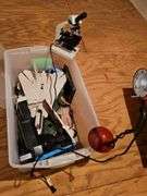 Tub of Star wars, microscope, and desk light.