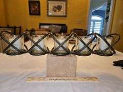 NEW Iron candle holder 20.25" wide w/5 Live My Home wood wick votives in different scents...