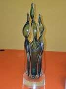 Gorgeous three finger art deco vase on stand   (engraved). 16.75 in tall.