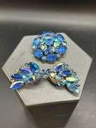 Gorgeous 3-piece vintage Weiss clip-ons and brooch with sparkling iridescent blue stones