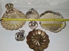 5 silver plate items. Chip and dip, Trey, nut and mint containers. Brass floral tray.