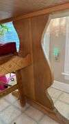 Exquisite custom built table and chairs……custom built in 1972 in Nicosia, Cyprus from oak(?). There are no nails except on the chairs to hold the rush seating in place. Chairs are hand carved…..one small blemish on table top