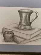 Signed pencil art of books and apple
