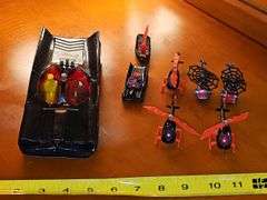 Batman diecast. Large car is plastic. 2 Spider-Man diecast helicopters