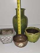 Miscellaneous pottery pieces. Green vase is Haeger pottery, cotton bowl is by Oxford candle Company, other two are unmarked.