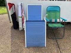 Assortment of lawn chairs, chair in a bag, beach umbrella, 36” oval vinyl roll up shade