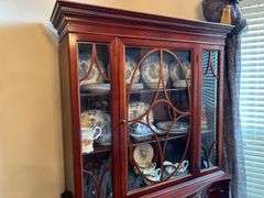 Beautiful antique mahogany china cabinet with 3 drawers and 2 side compartments…..piece is at least 80 years old and is a family heirloom…..you will see slight blemishes from every day normal use…..45 x 15-1/2 x 72 tall