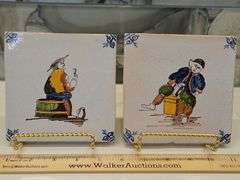 Two(2) Vintage ceramic Delft Dutch 19th century polychrome tiles 5" X 5" square x 1/4" thick...