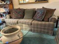 Alexvale Furniture plaid scroll arm sofa with throw pillows…..88 x 28 deep from back x 18 tall to seat (30 tall overall)