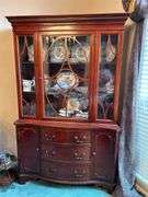 Beautiful antique mahogany china cabinet with 3 drawers and 2 side compartments…..piece is at least 80 years old and is a family heirloom…..you will see slight blemishes from every day normal use…..45 x 15-1/2 x 72 tall