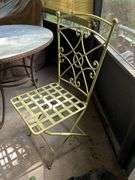 Vintage wrought iron slate top patio table with 2 wrought iron folding chairs with basketweave design seating……36”D x 30” tall…..15-1/2 x 15 x 17-1/2 to seat (36-1/4 tall overall)…..set is heavy