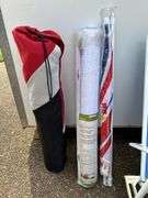 Assortment of lawn chairs, chair in a bag, beach umbrella, 36” oval vinyl roll up shade