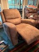 Flexsteel Industries tan microsuede power rocker recliner with adjustable head rest and USB port on side…..in really good condition, only 1 small stain found and chair is fully functional…..37 x 22-1/2 x 19 tall to seat (49 tall overall)