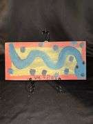 Original signed Mose T blue snake Folk Art with signature soda can tab hanger…..11 x 5-1/4