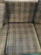 Alexvale Furniture plaid scroll arm sofa with throw pillows…..88 x 28 deep from back x 18 tall to seat (30 tall overall)