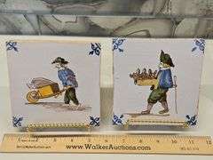 Two(2) Vintage ceramic Delft Dutch 19th century polychrome tiles 5" X 5" square x 1/4" thick...