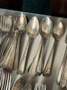 Approx. 136 Pieces of various patterns and makers of silverplate flatware…..some do match but most do not have complete sets….all need polished…..some makers include Oneida, Simpson, 1947 Rogers Bros., Aristocrat, Argyle and more